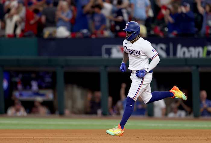 Oct 20, 2023; Arlington, Texas, USA; Texas Rangers right fielder Adolis Garcia (53) rounds the bases after hitting a three-run home run during the sixth inning of game five in the ALCS against the Houston Astros for the 2023 MLB playoffs at Globe Life Field. Mandatory Credit: Andrew Dieb-USA TODAY Sports